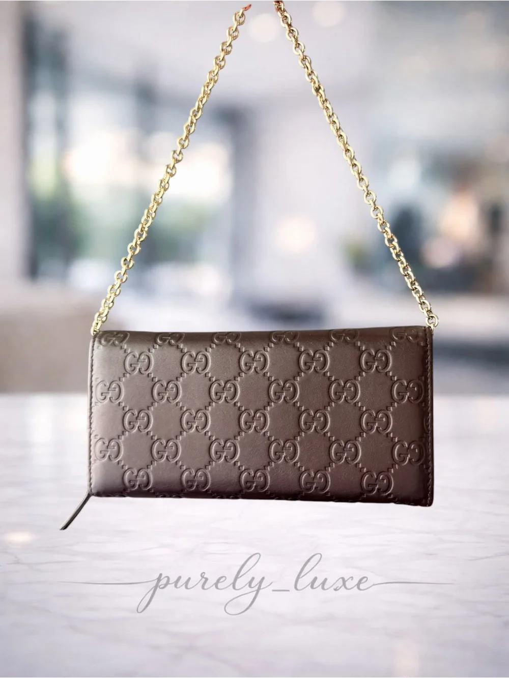 Authentic Gucci Chocolate Brown Embossed GG Leather Chain Clutch- FREE COA